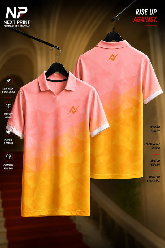 Coral pink and golden yellow gradient polo sports jersey with geometric polygon pattern shown in front and back views.