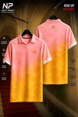 Coral pink and golden yellow gradient polo sports jersey with geometric polygon pattern shown in front and back views.