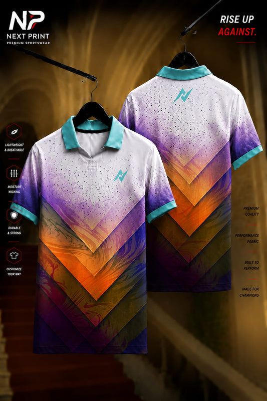 White polo sports jersey with layered purple, orange, and navy chevron graphics shown in front and back views, made from premium dry-fit performance fabric.
