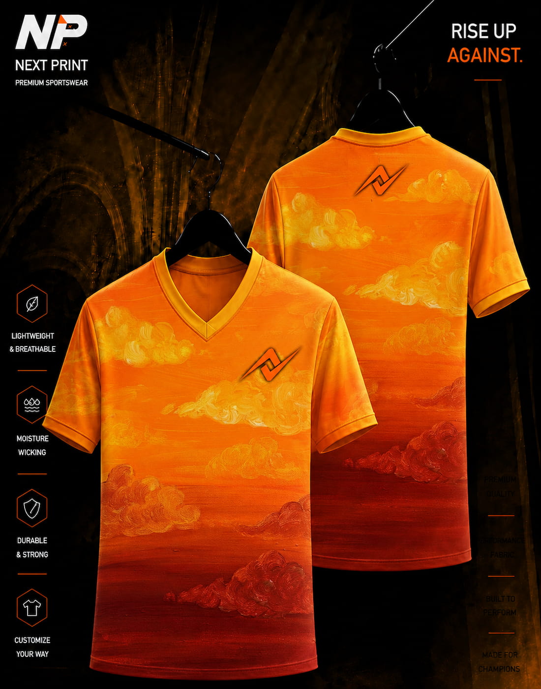 Sunset Cloud Orange Sublimation V-Neck Sports Jersey with artistic golden cloud design by Next Print