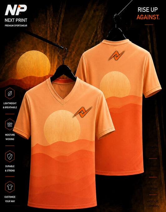 Sunset Dunes orange sublimation V-neck sports jersey with front and back view by Next Print