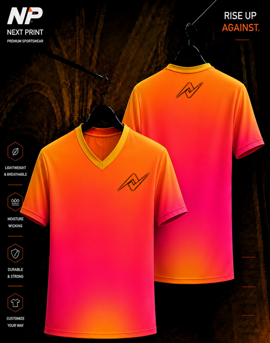 Sunset Glow orange and pink gradient sublimation V-neck sports jersey front and back by Next Print
