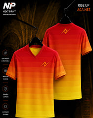 Sunset gradient red to yellow custom sublimation sports jersey with V-neck performance design by Next Print.