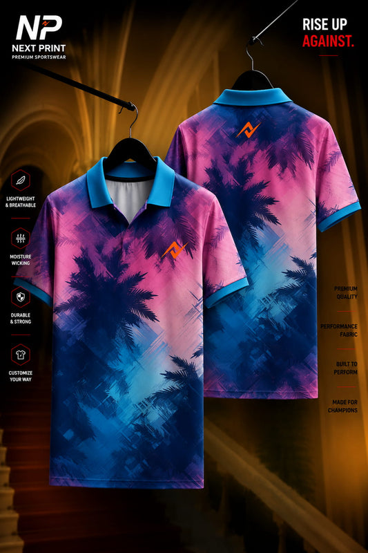 Front and back view of a premium dry-fit polo sports jersey featuring a pink, purple, and blue tropical palm tree gradient design.