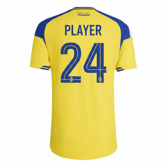Back view of Sweden 2026 home football jersey in yellow with blue shoulder panels and striped sleeve trim