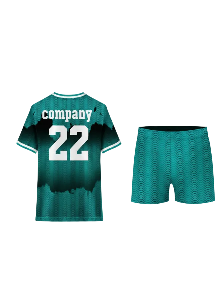 Teal and black custom sports jersey with wave pattern design and matching shorts for cricket, football and volleyball team uniforms in India.