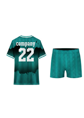 Teal and black custom sports jersey with wave pattern design and matching shorts for cricket, football and volleyball team uniforms in India.