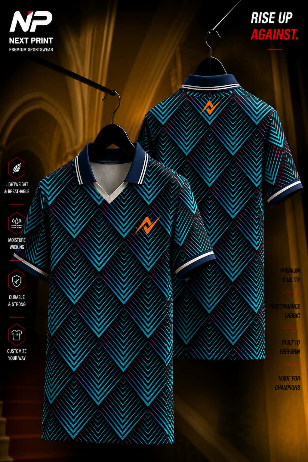 Front and back view of a black and teal chevron pattern polo sports jersey made with premium dry-fit performance fabric.