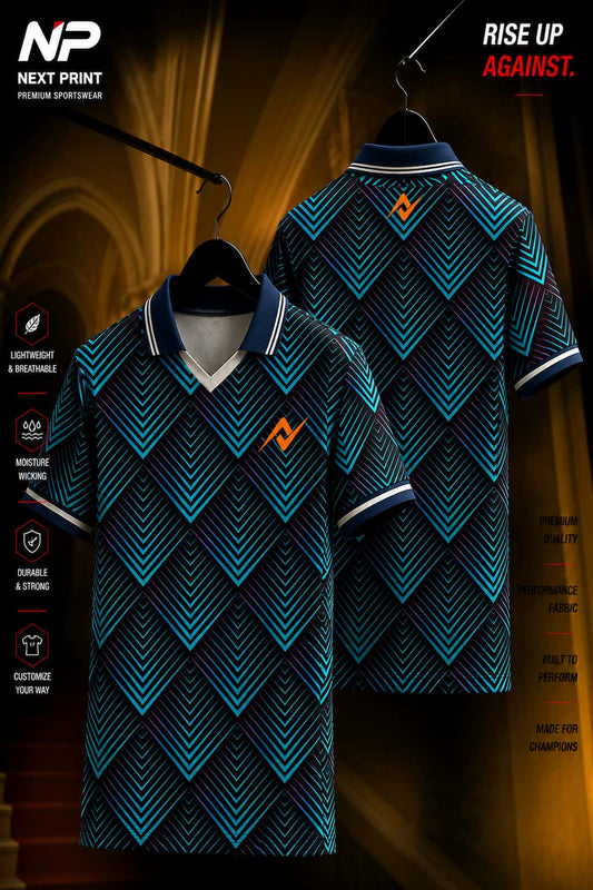 Front and back view of a black and teal chevron pattern polo sports jersey made with premium dry-fit performance fabric.
