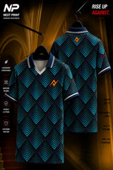 Front and back view of a black and teal chevron pattern polo sports jersey made with premium dry-fit performance fabric.
