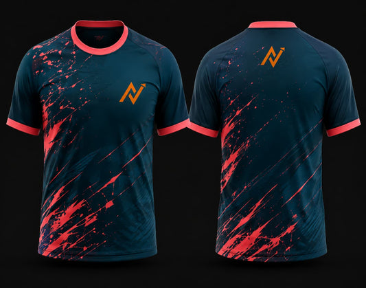 Front and back view of a premium teal round neck cricket jersey featuring vibrant coral paint splash graphics with coral collar, sleeve cuffs, and orange chest and back logos.