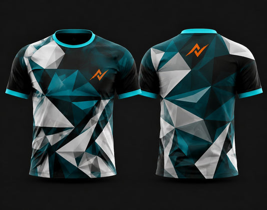 Front and back view of a premium teal, white, black, and grey round neck cricket jersey featuring a modern geometric polygon pattern with orange chest and back logos.