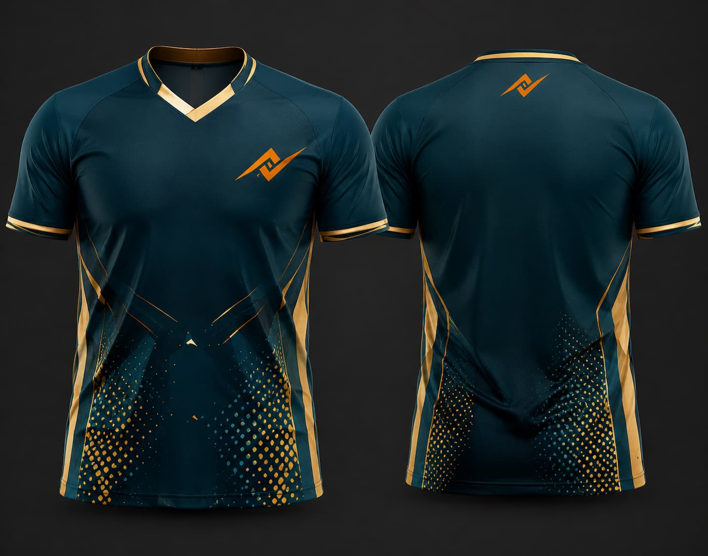 Teal and gold custom V-neck cricket jersey with geometric dot graphics, gold accents, logo on the chest and below the back neck, shown in front and back view.
