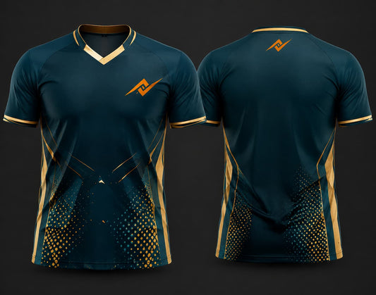 Teal and gold custom V-neck cricket jersey with geometric dot graphics, gold accents, logo on the chest and below the back neck, shown in front and back view.