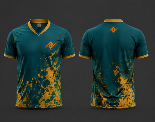 Front and back view of a teal and gold V-neck cricket jersey featuring gold paint-splash graphics with an orange chest logo and back neck logo.