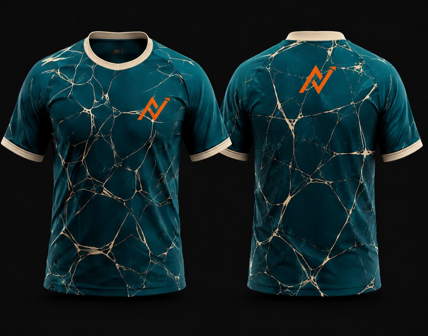 Front and back view of a premium teal round neck cricket jersey featuring a luxury marble stone pattern with gold vein detailing, beige collar and sleeve cuffs, and orange chest and back logos.