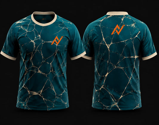Front and back view of a premium teal round neck cricket jersey featuring a luxury marble stone pattern with gold vein detailing, beige collar and sleeve cuffs, and orange chest and back logos.
