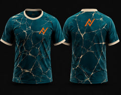 Front and back view of a premium teal round neck cricket jersey featuring a luxury marble stone pattern with gold vein detailing, beige collar and sleeve cuffs, and orange chest and back logos.