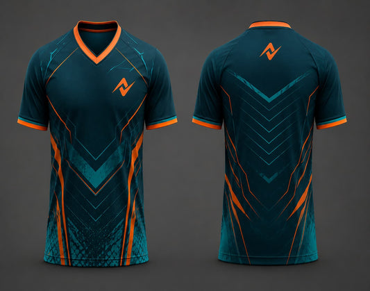 Front and back view of a premium teal and orange custom V-neck cricket jersey featuring geometric chevron graphics and customizable team logo placement.