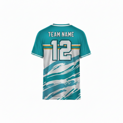 Teal and white custom sports jersey back view with abstract brush stroke pattern and stripe accents for cricket football and team uniforms by NextPrint