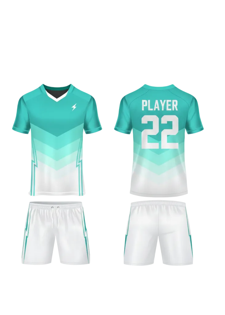 Teal and white gradient football jersey with matching shorts front and back view custom sports team uniform design