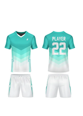 Teal and white gradient football jersey with matching shorts front and back view custom sports team uniform design