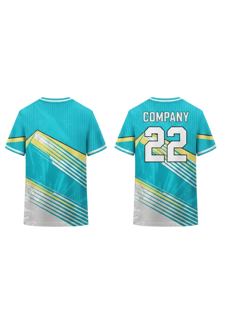 Teal blue sports jersey with yellow and white diagonal stripe design and matching shorts for cricket, volleyball and football team uniforms in India.