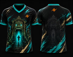 Black, aqua blue, and gold Temple Run esports jersey with V-neck polo collar featuring guardian gateway artwork and orange logo placement on chest and back neck.