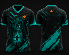 Black and cyan Temple Run esports jersey featuring a V-neck polo collar, glowing temple guardian artwork, and orange logo placement on the chest and back neck.