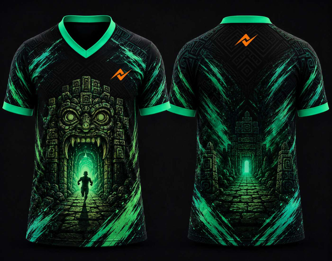 Black and emerald green Temple Run esports jersey with V-neck polo collar featuring a glowing guardian portal design and orange logo placement on the chest and back neck.