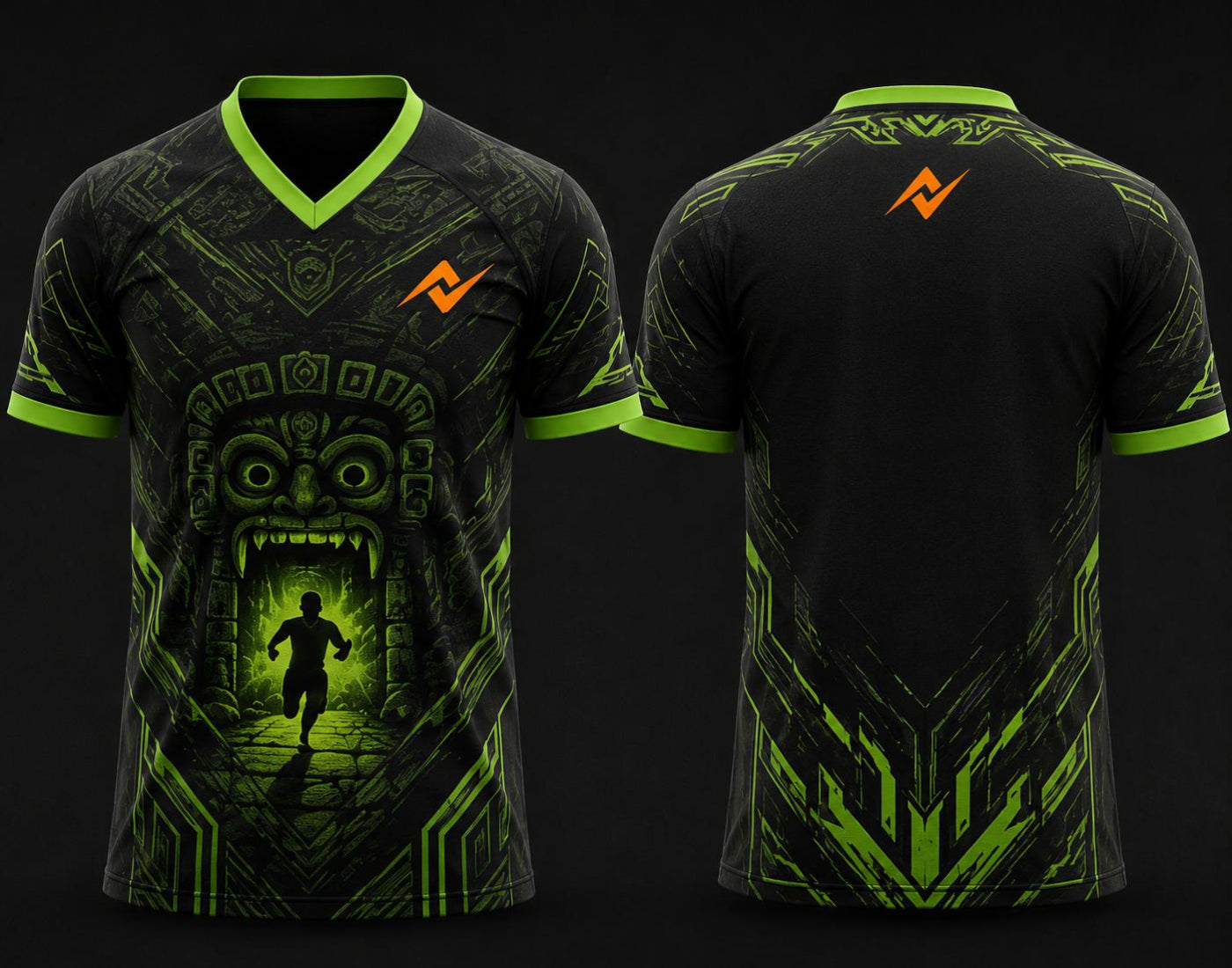 Black and neon green Temple Run esports jersey featuring a V-neck polo collar, temple guardian artwork, and orange logo placement on the chest and back neck.