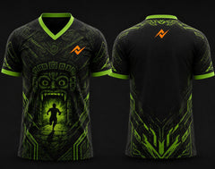 Black and neon green Temple Run esports jersey featuring a V-neck polo collar, temple guardian artwork, and orange logo placement on the chest and back neck.