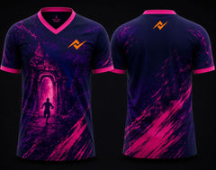 Midnight navy and neon pink Temple Run esports jersey featuring a V-neck polo collar, glowing temple portal artwork, and orange logo placement on chest and back neck.