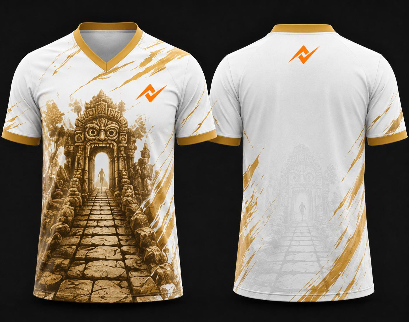White and gold Temple Run esports jersey with V-neck polo collar featuring temple entrance artwork and custom orange logo on chest and back neck.