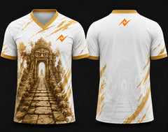 White and gold Temple Run esports jersey with V-neck polo collar featuring temple entrance artwork and custom orange logo on chest and back neck.