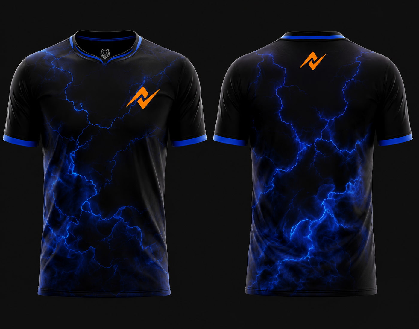 Front and back view of Thunder Nova Free Fire esports jersey featuring black and electric blue lightning graphics with round neck collar and orange logo placement on chest and upper back neck.
