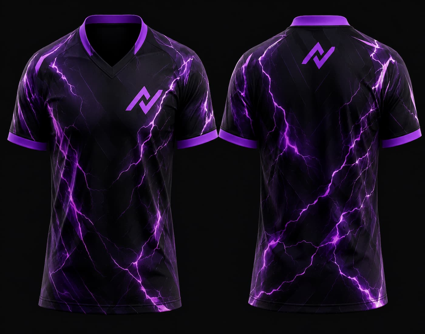 Front and back mockup of a black and purple V-neck esports jersey featuring electric lightning graphics, chest logo, and back neck logo.