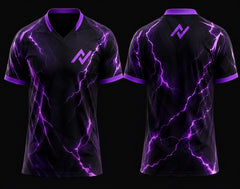 Front and back mockup of a black and purple V-neck esports jersey featuring electric lightning graphics, chest logo, and back neck logo.