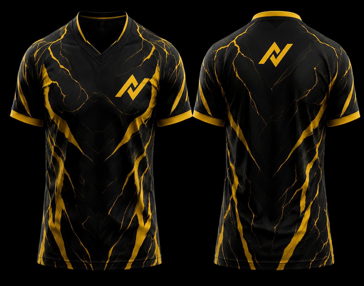 Front and back view of a black esports jersey featuring bold gold lightning graphics with a premium V-neck gaming design.