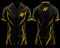 Front and back view of a black esports jersey featuring bold gold lightning graphics with a premium V-neck gaming design.