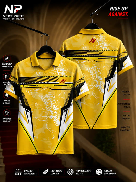 Thunder Strike Yellow Polo Sports Jersey featuring bold geometric black, white, and yellow graphics with front and back views.