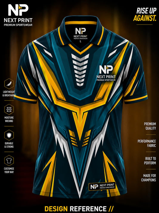 Front view of a premium dark teal polo sports jersey featuring gold, silver, and white futuristic geometric graphics with a V-neck polo collar.