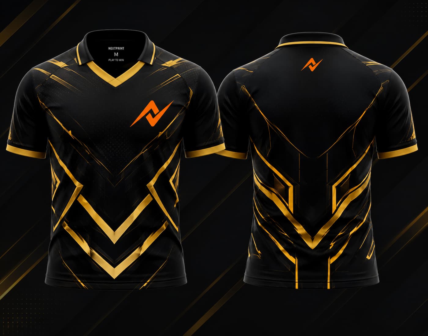 Front and back view of the NextPrint Titan Armor esports jersey featuring black and gold futuristic armor graphics with orange logo placement on the chest and upper back below the collar.