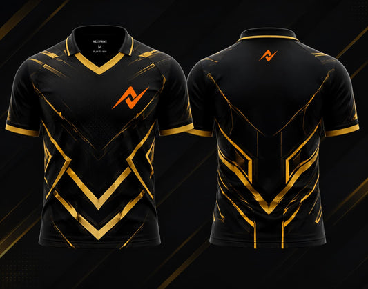 Front and back view of the NextPrint Titan Armor esports jersey featuring black and gold futuristic armor graphics with orange logo placement on the chest and upper back below the collar.