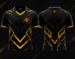 Front and back view of the NextPrint Titan Armor esports jersey featuring black and gold futuristic armor graphics with orange logo placement on the chest and upper back below the collar.