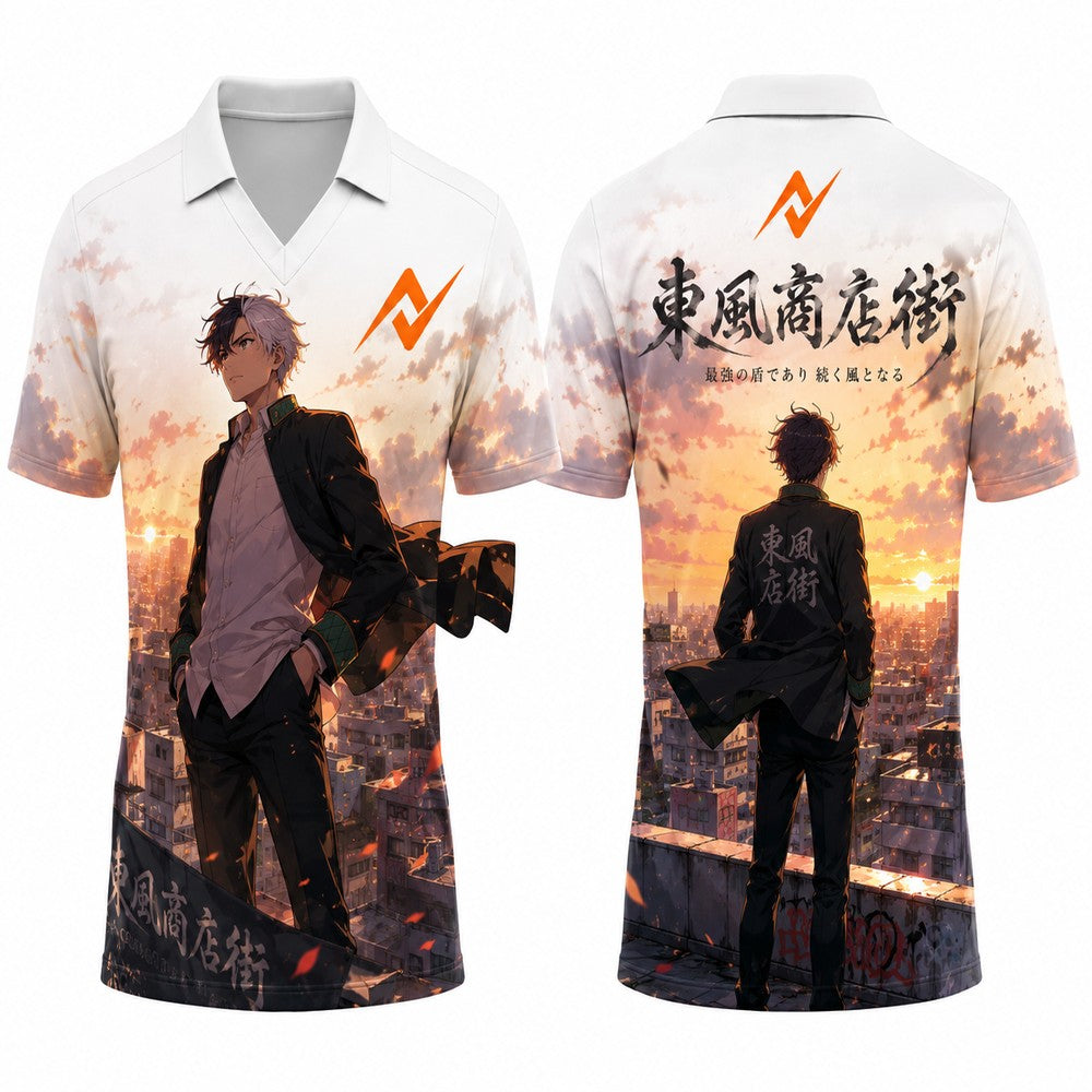 Tokyo Revengers inspired white V-neck polo jersey featuring sunset skyline anime artwork with front and back print, Japanese typography, and orange Next Print logo