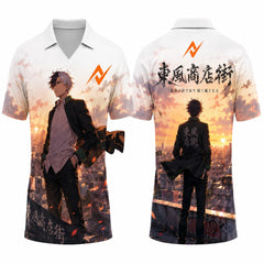 Tokyo Revengers inspired white V-neck polo jersey featuring sunset skyline anime artwork with front and back print, Japanese typography, and orange Next Print logo