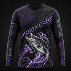 Premium long sleeve topographic fishing T-shirt for men featuring bass fish artwork in aqua blue and black performance fabric design.