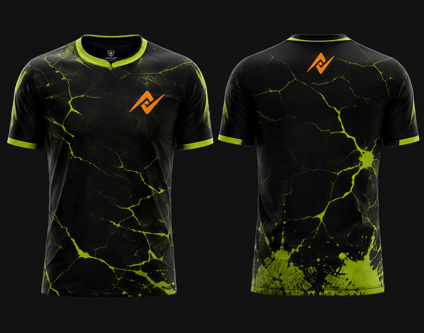 Front and back view of Toxic Surge Free Fire esports jersey featuring black and neon green energy crack graphics, round neck collar, and orange logo placement on chest and upper back neck.