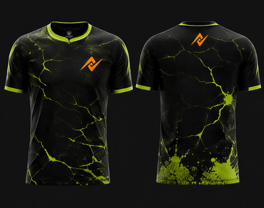Front and back view of Toxic Surge Free Fire esports jersey featuring black and neon green energy crack graphics, round neck collar, and orange logo placement on chest and upper back neck.